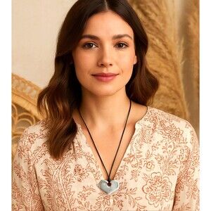 J. Jill Heart Necklace Hammered Pendant Silver Tone Black Cord Adjustable Rustic